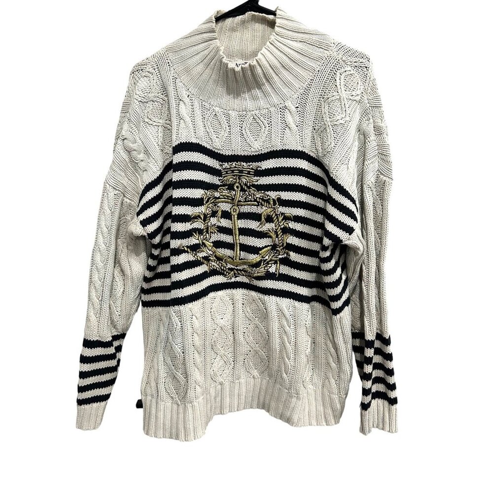 Ann Taylor Cable Knit Sweater Mockneck Anchor Emblem